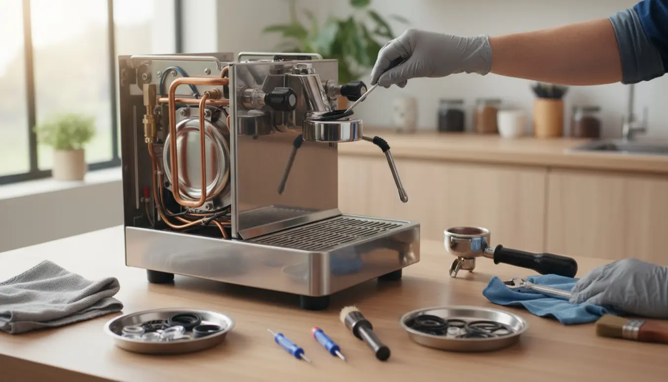 Tekniker skifter pakninger på en åben espressomaskine med værktøj og reservedele på en lys bordplade.
