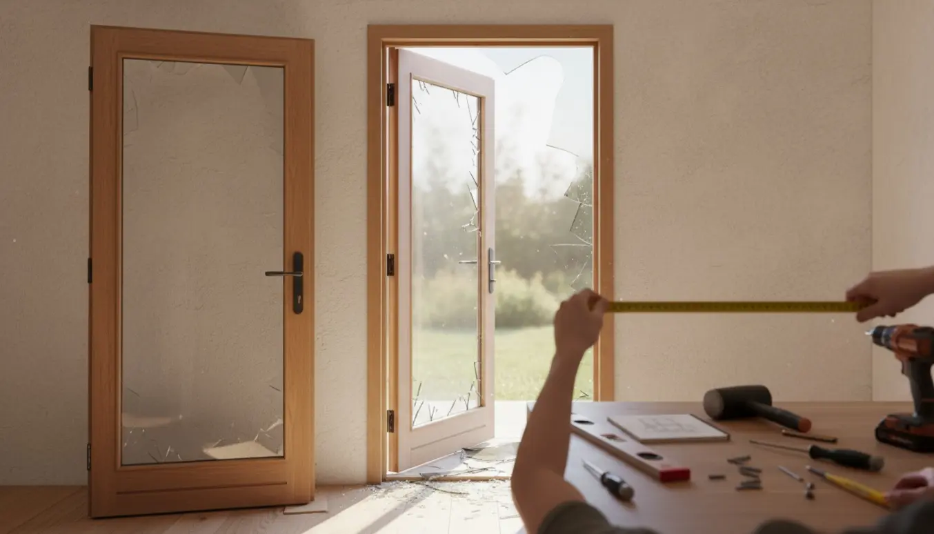 Håndværker måler og forbereder udskiftning af en ødelagt terrassedør i træ med stort glaspanel.
