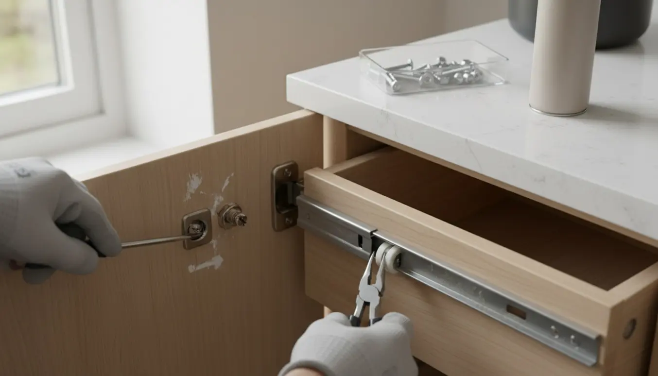 Nærbillede af en køkkenlåge med slidt skrue og en skuffe, der hænger, mens værktøj ligger klar.