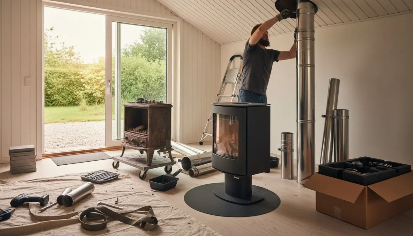 Installation af en ny brændeovn og metal skorsten i et lyst ét-plans sommerhus med værktøj og gamle dele klar til bortskaffelse.