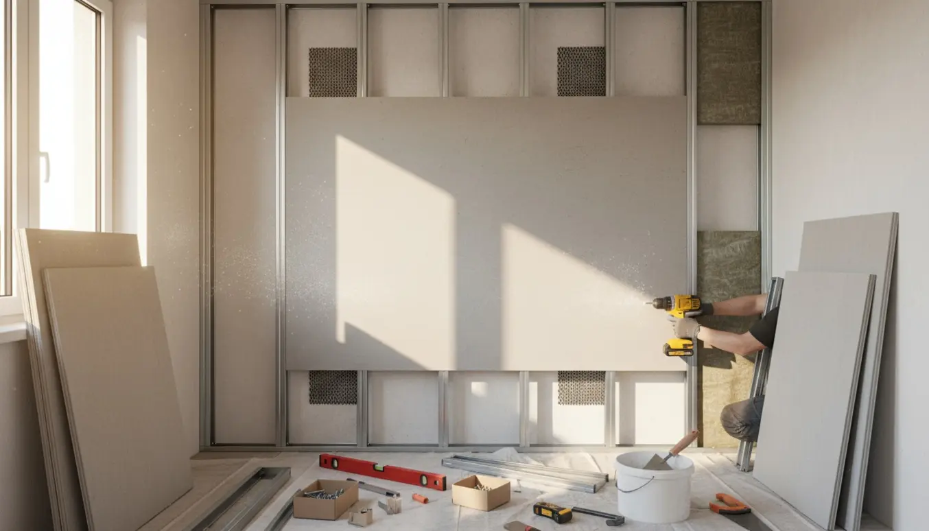 Fermacell-forsatsvæg under opbygning med ventilationsriste i top og bund og håndværktøj spredt på gulvet.