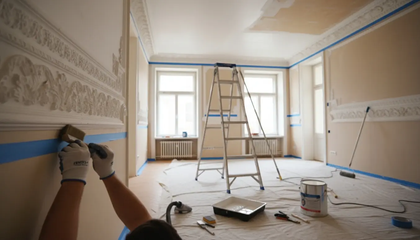 Tom stue under rensning af stuk og maling af loft med værktøj og malerens hænder uden synligt ansigt.