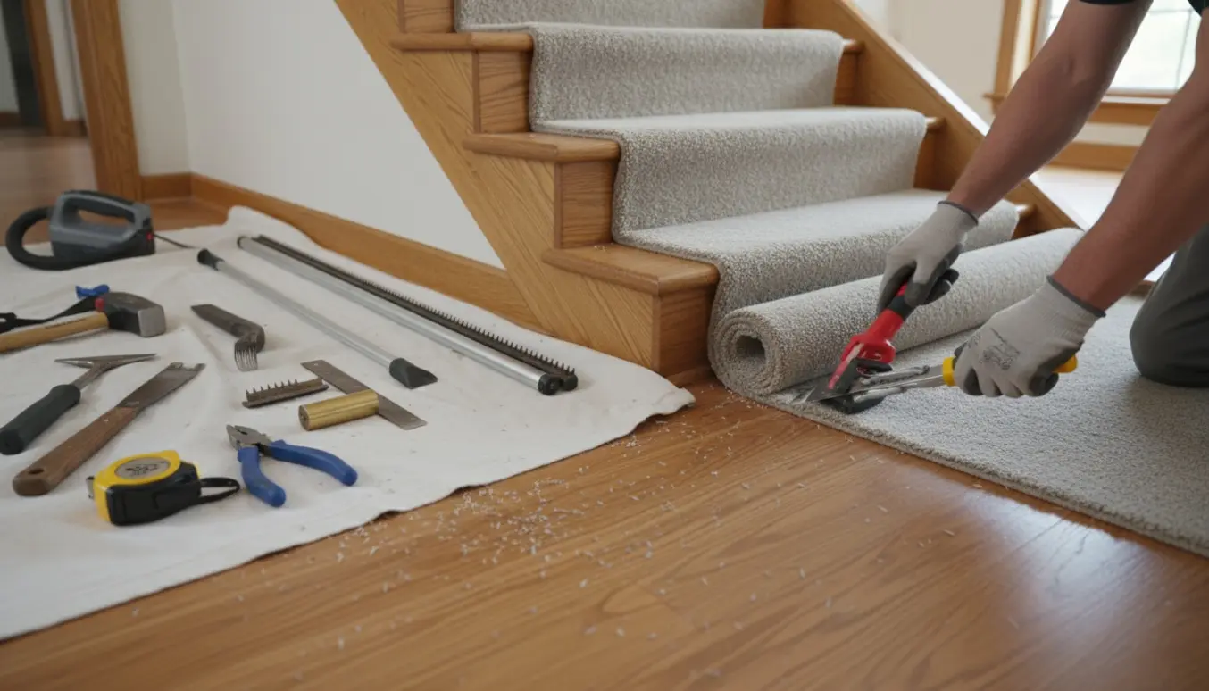 Nærbillede af montering af nyt tæppe på en indvendig trætrappe med højresving, hvor gammelt tæppe trækkes op.