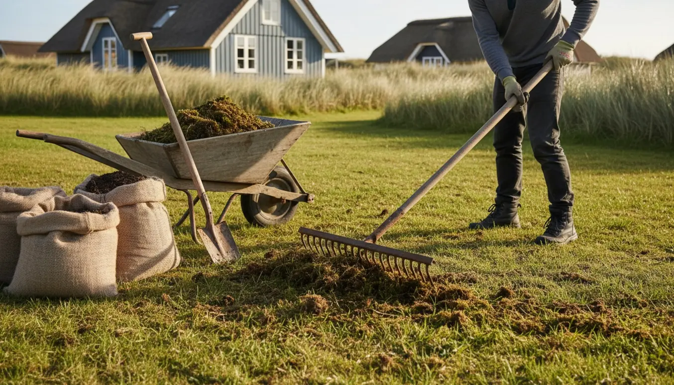 Person fjerner mos fra græsplæne ved et sommerhus med rive, trillebør og topdressing klar.