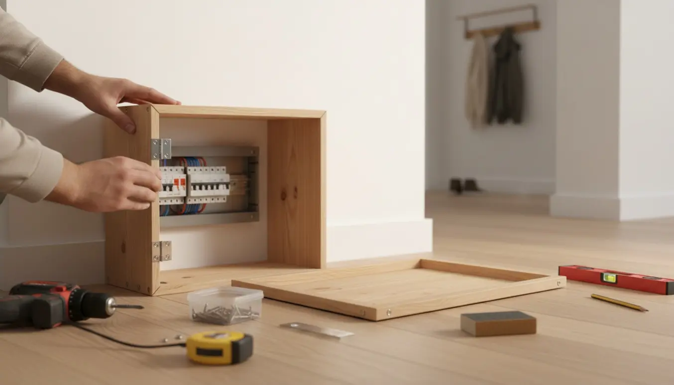 Ubehandlet væghængt trækasse åbnet for at skjule en eltavle, omgivet af værktøj.