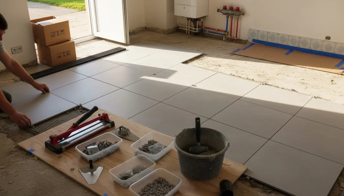 Delvist udskiftet flisegulv i bryggers med nye 60x60 fliser, værktøj og en sort gummifuge ved yderdør.