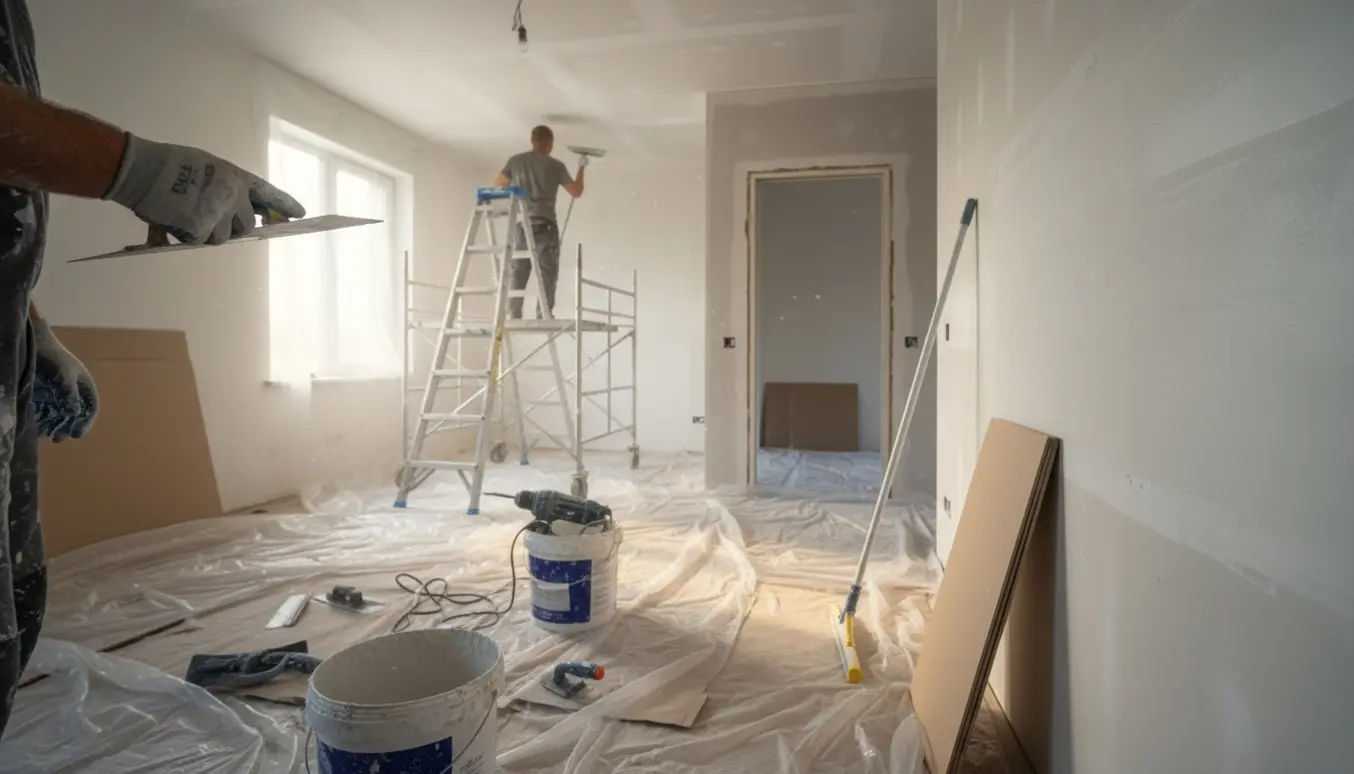 Håndværker spartler væg og lofter i et hus under renovering med værktøj og beskyttelsesdug.