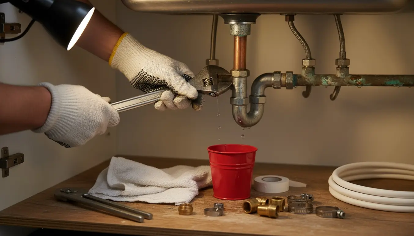 Nærbillede af hænder, der udskifter et rustent VVS-rør under en køkkenvask med værktøj og nyt rør.