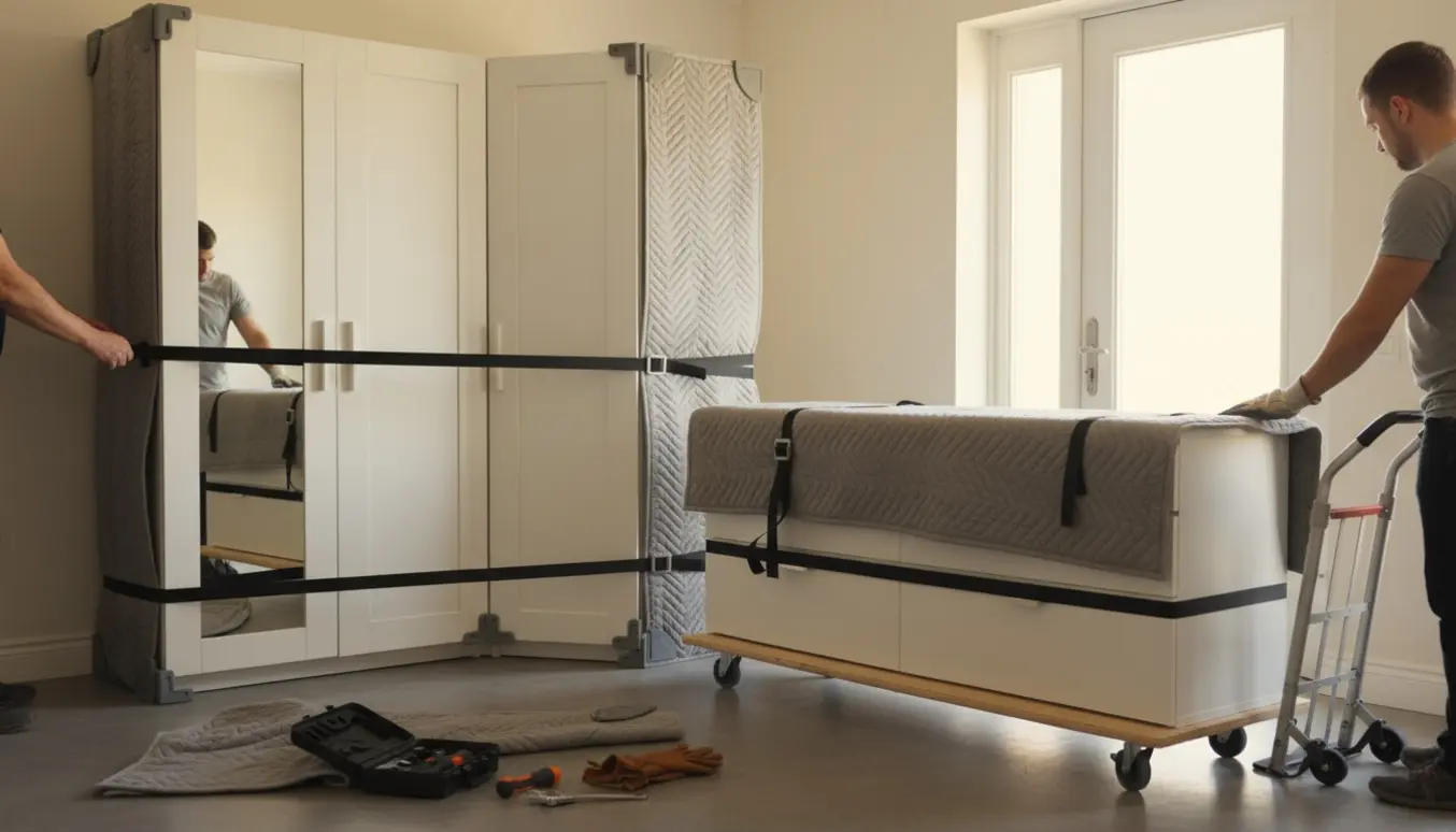 Hjørnegarderobe med spejldør og lang kommode indpakket på flyttedolly i en lys entré.