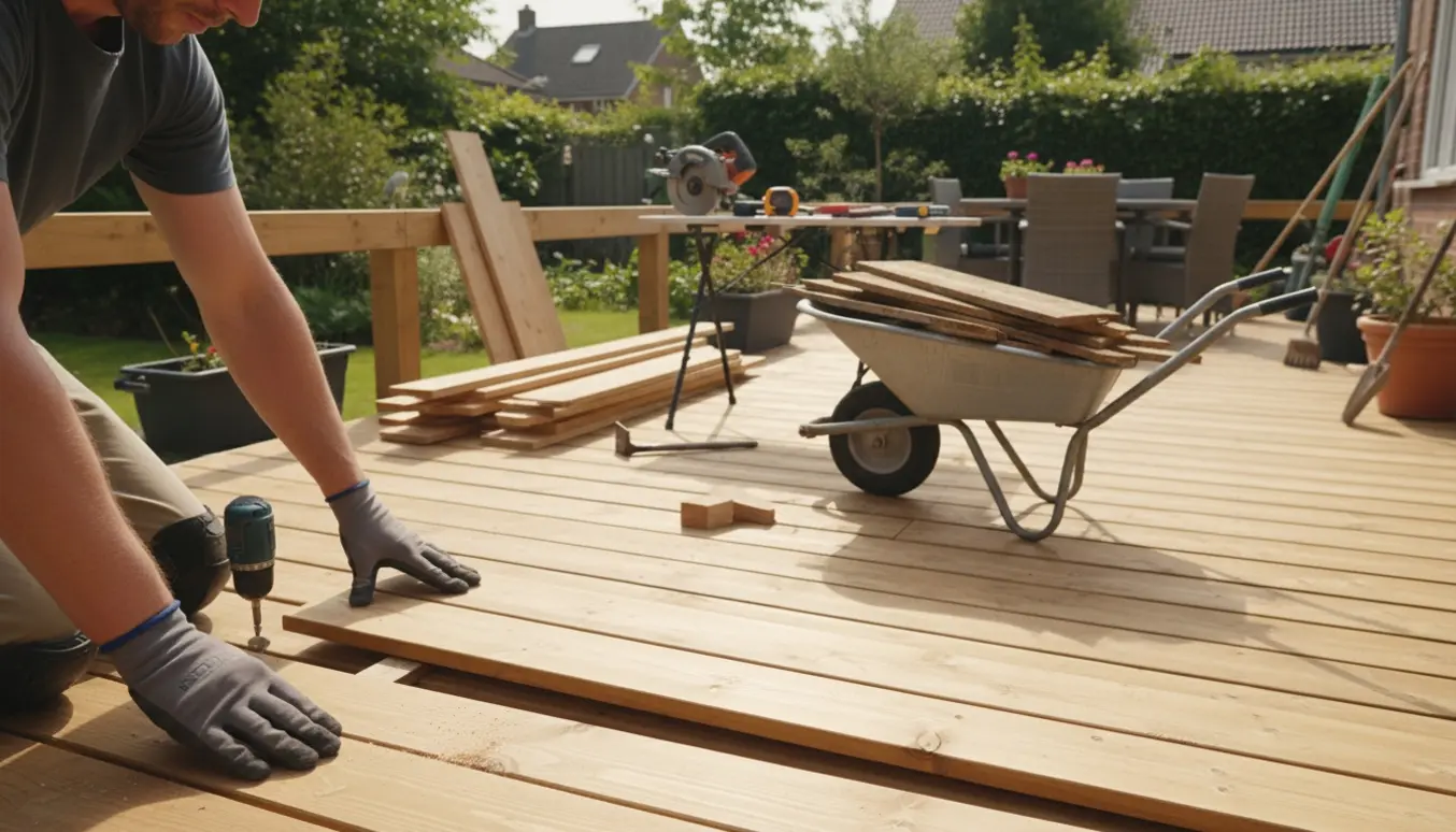 Nærbillede af udskiftning af terrassebrædder på en stor træterrasse med nye brædder, værktøj og en trillebør til bortskaffelse.