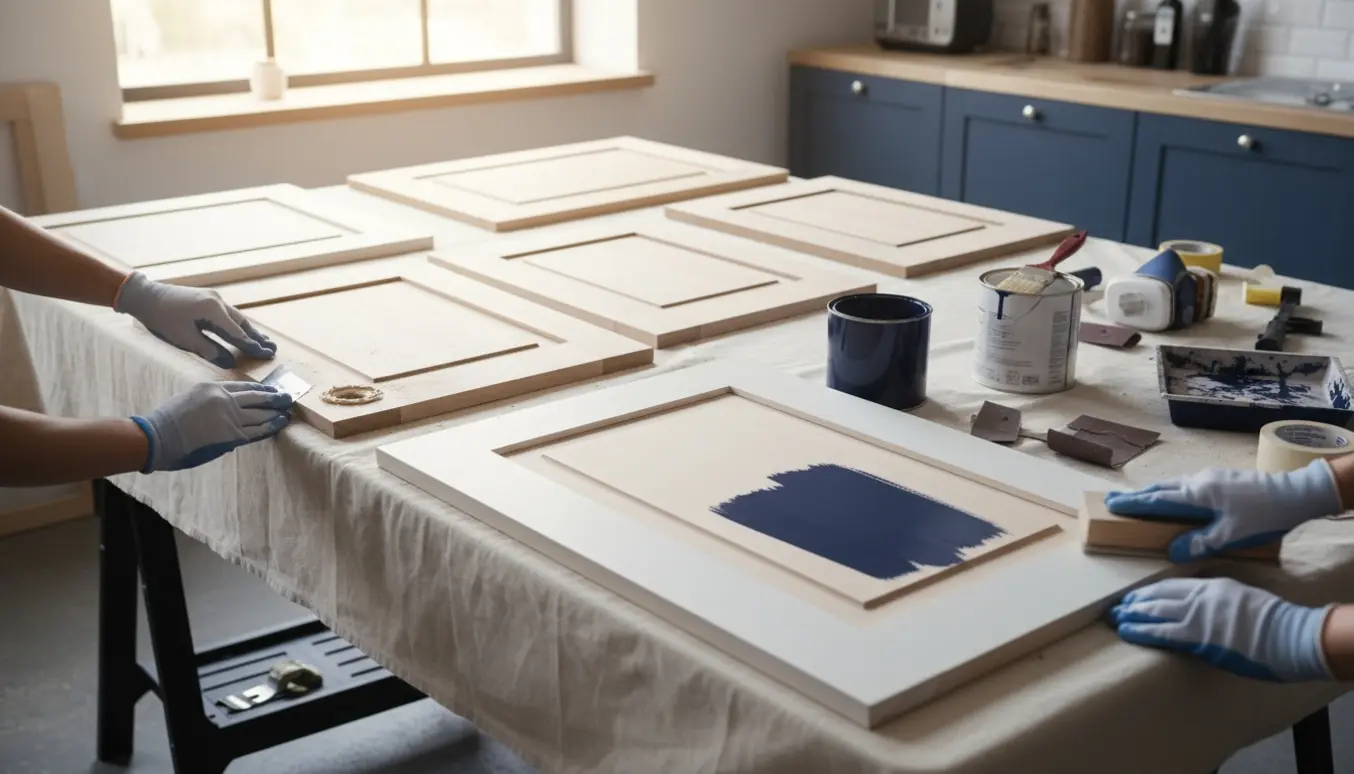 Køkkenlåger og skuffefronter ligger på et arbejdsbord, mens de spartles, slibes og lakeres i navyblå.