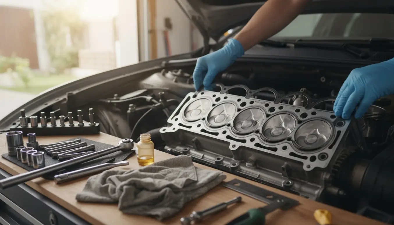Nærbillede af motorens top i en garage, hvor handsker placerer en ny toppakning på motorblokken.