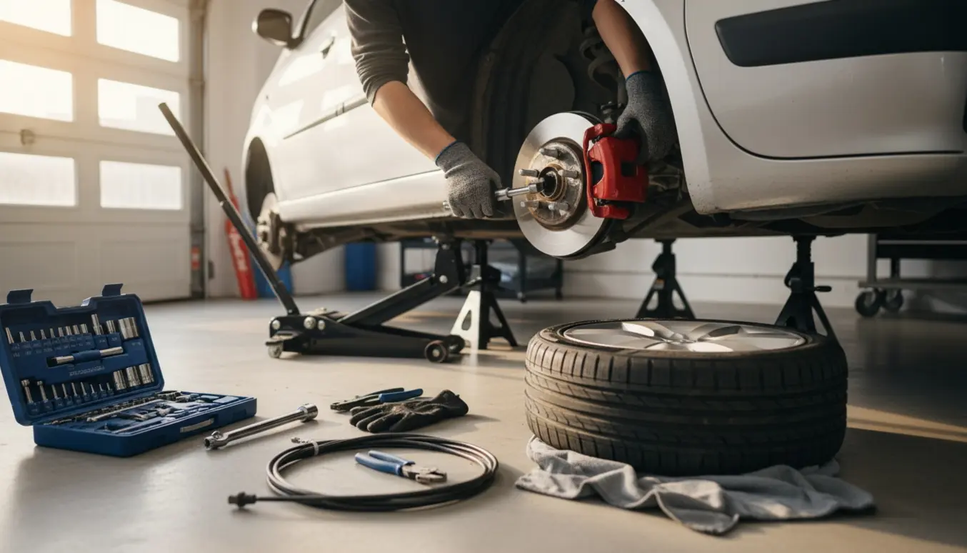 Nærbillede af arbejdshandsker og værktøj mens et forhjul og håndbremsekabel udskiftes i en garage.