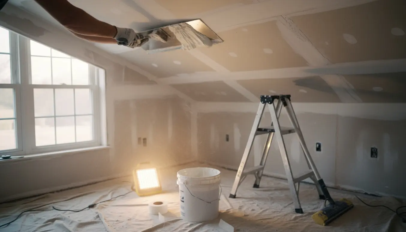 En hånd spartler og sliber gipsplader på væg og loft i et rum under renovering.