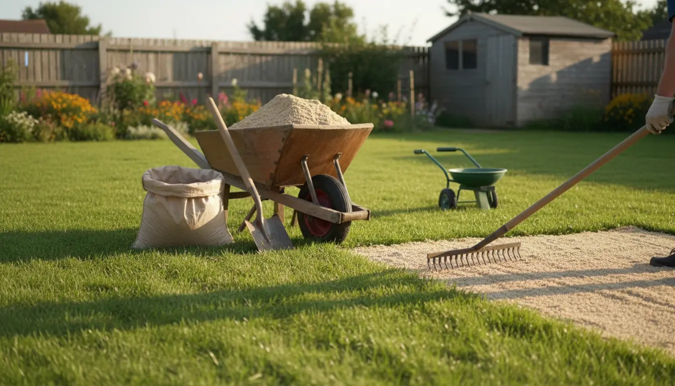 Topdressing fordelt på en villagræsplæne med trillebør, skovl og rive i varmt eftermiddagslys.