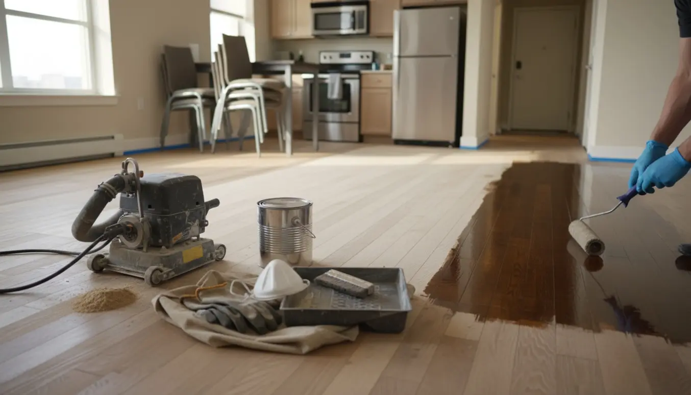 Delvist slebet og nylakeret trægulv i en lys lejlighed med slibemaskine, åben bøtte lak og malerulle.