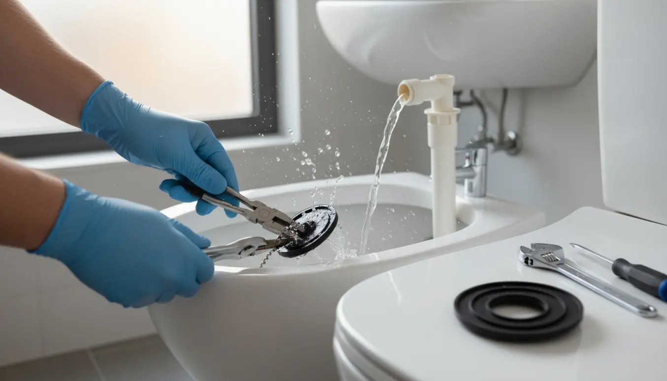 Nærbillede af en åben toiletcistern med løbende vand, hvor en hånd justerer flapperen.