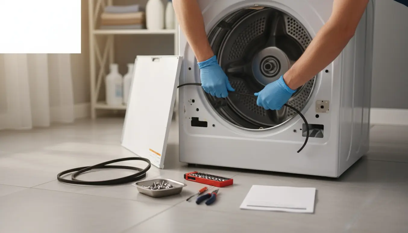 Hænder monterer en ny rem på en åben hvid tørretumbler i et veloplyst vaskerum.