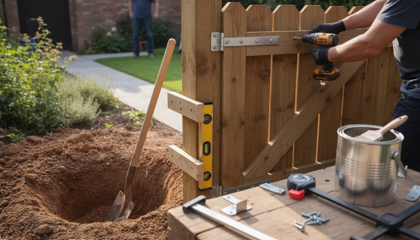 Delvist monteret træhavelåge ved to stolper i hård jord med spade og værktøj omkring.