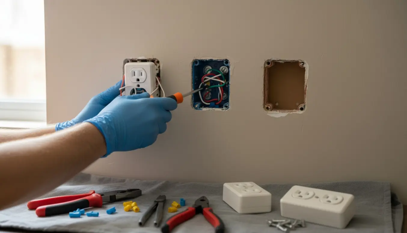 Nærbillede af udskiftning af tre stikkontakter med åbne dåser og værktøj på et beskyttende klæde.
