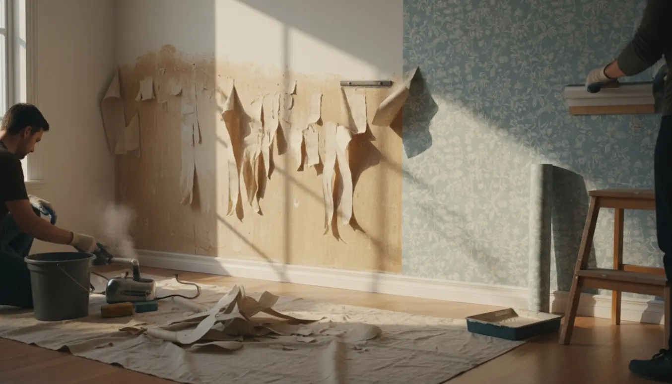 Hænder fjerner gammelt tapet fra en væg, mens nyt tapet opsættes og glattes ud.