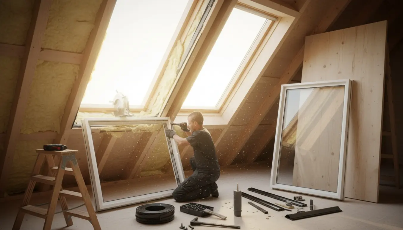 Loft med to ovenlysvinduer under udskiftning set indefra, arbejdshandsker og værktøj i forgrunden.