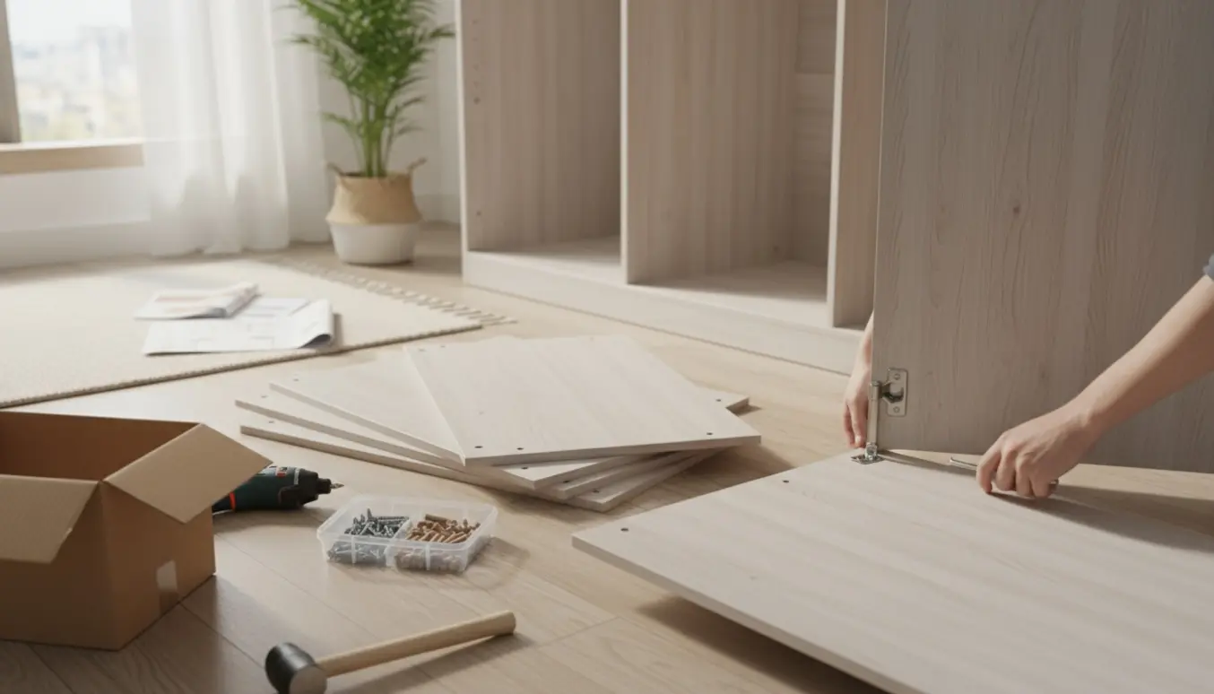 Hænder samler et fladtpakket garderobeskab i et lyst skandinavisk soveværelse.