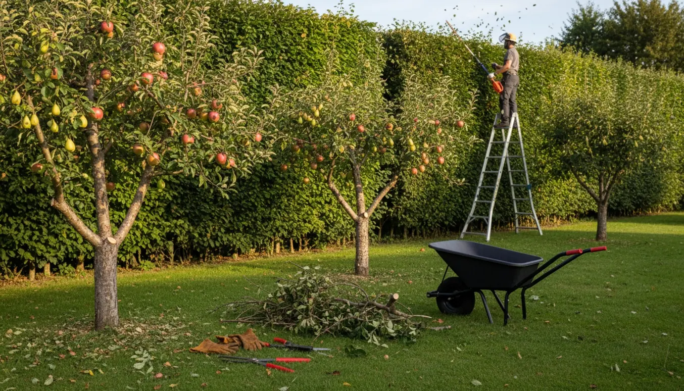 To beskårede æbletræer, et beskåret pæretræ og en høj bøgehæk, der bliver trimmet, omgivet af haveredskaber og afklippede grene.