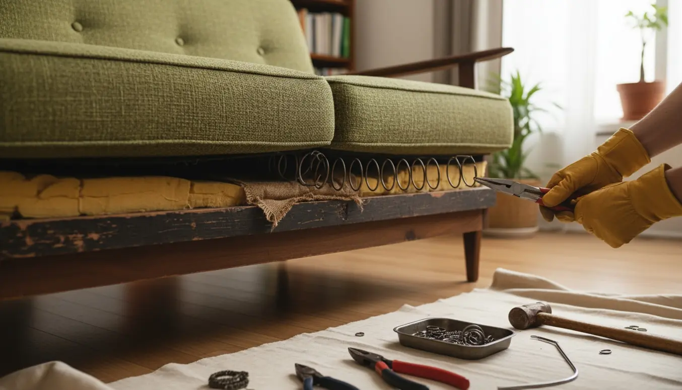 Hænder reparerer en sprunget fjeder i en gammel designersofa med polstring trukket til side.