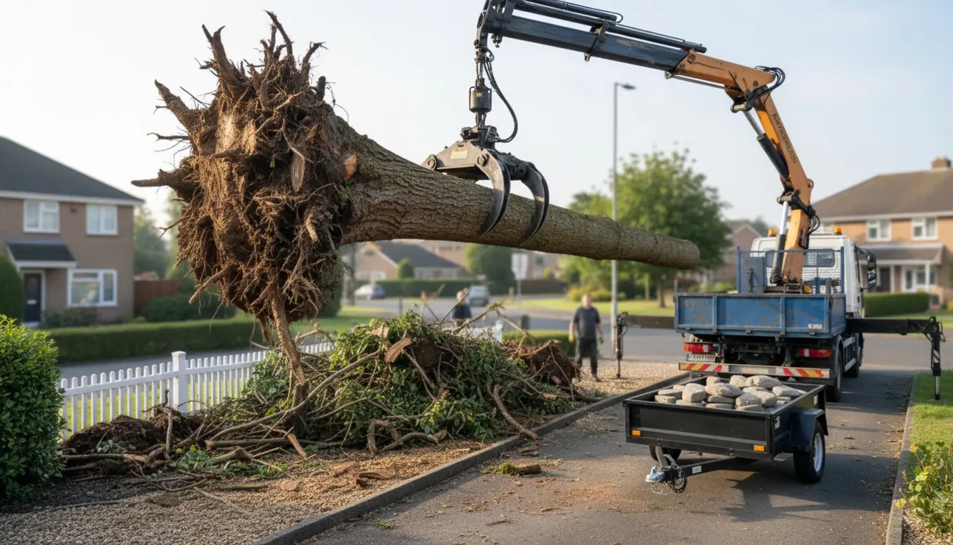Kranbil løfter et langt træstamme og rødder fra en forhave mens en trailer med sten står ved siden af.