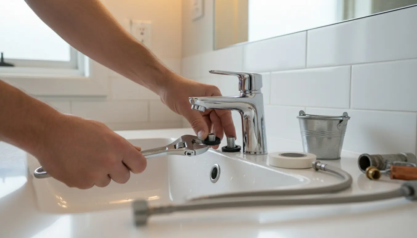 Hænder monterer et nyt kromarmatur på et hvidt badeværelsesvask.