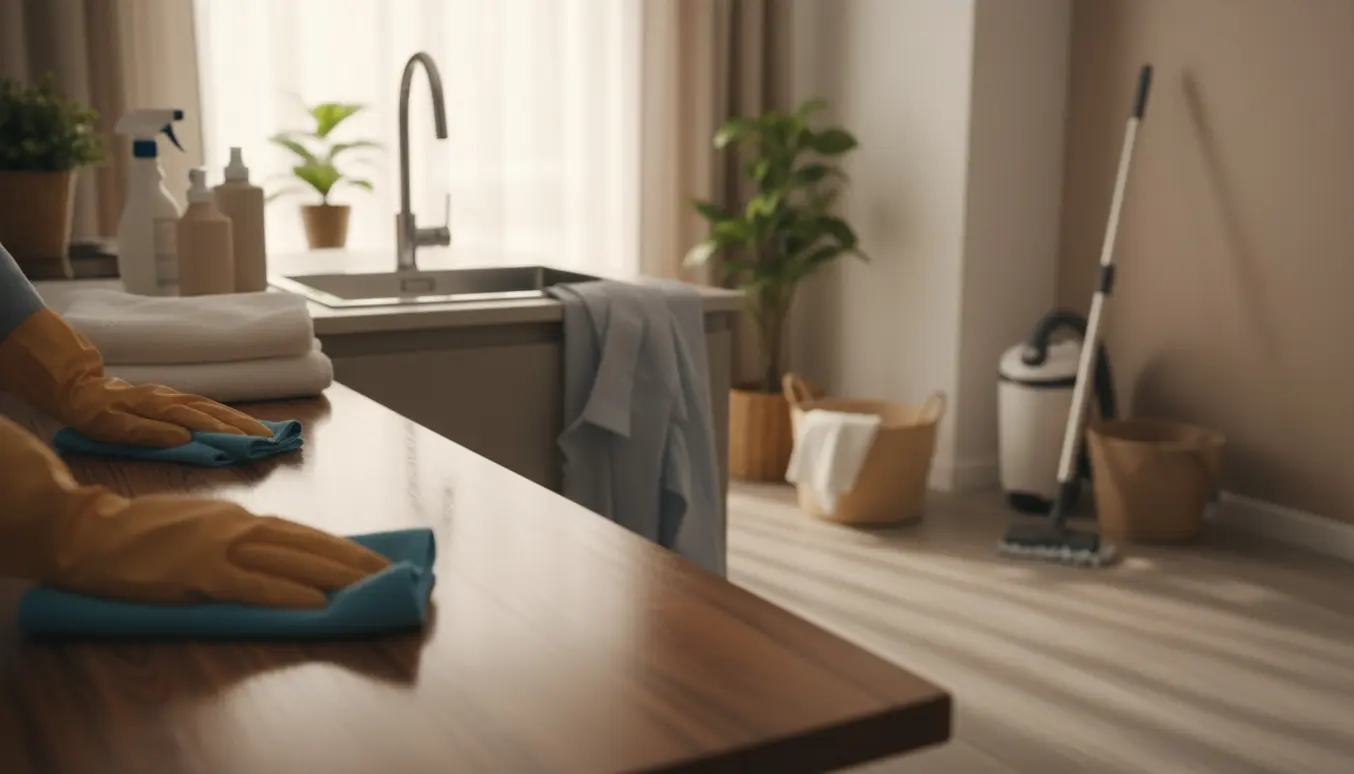 Hjemmehjælp tørrer bord af i et sollysfyldt hjem med støvsuger og vasketøj i baggrunden.