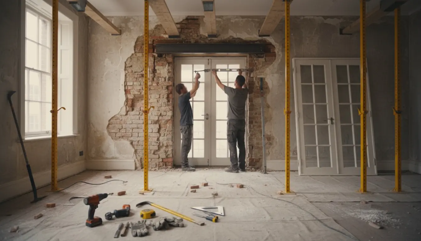 Håndværkere forstørrer et hul i en bærende væg i en ældre lejlighed for at montere en fransk dør.