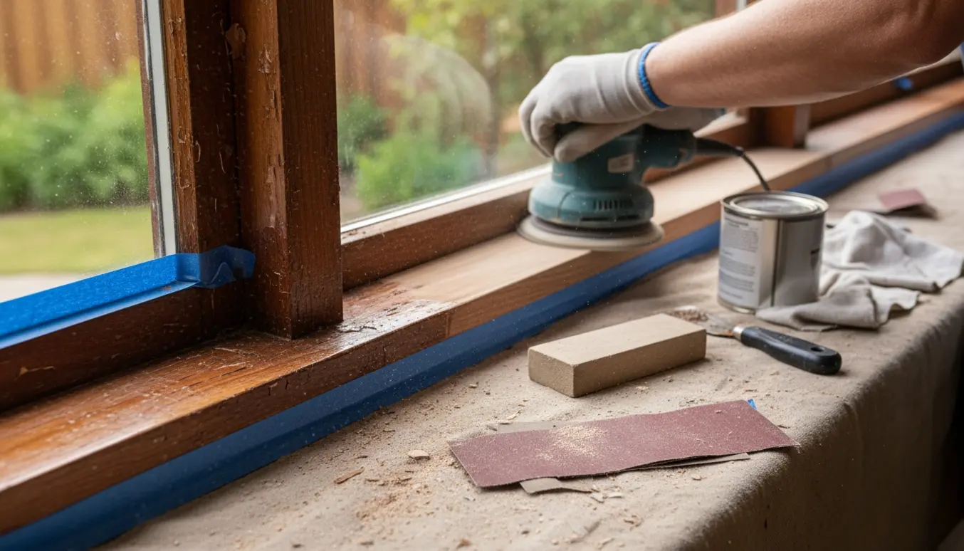 Hænder sliber udvendigt mahognivindue, hvor gammel lak fjernes og det varme træ træder frem.