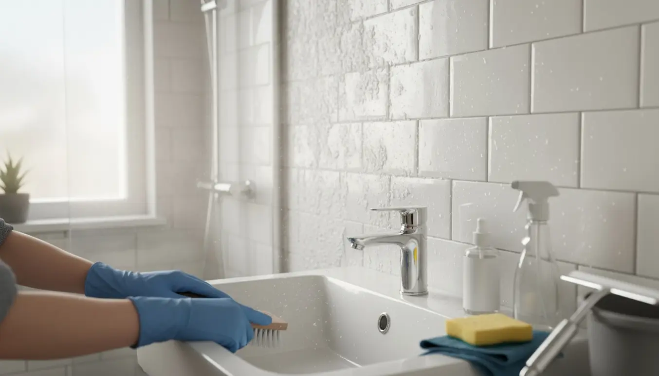 Nærbillede af afkalkning og rengøring i et badeværelse med handsker, børste og klud, hvor kalk fjernes fra fliser og blandingsbatteri.