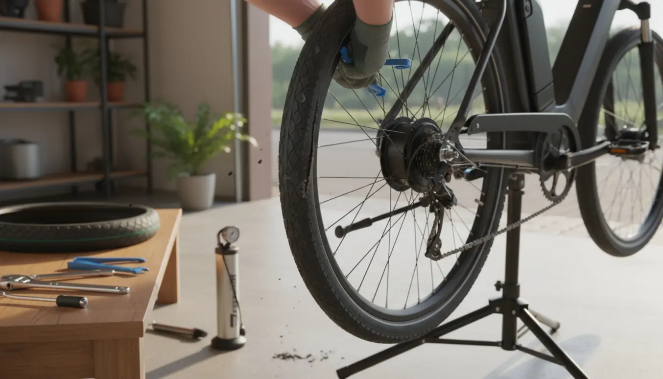 Nærbillede af udskiftning af bagdæk på en Mustang el-cykel med værktøj og nyt punkterfrit dæk.