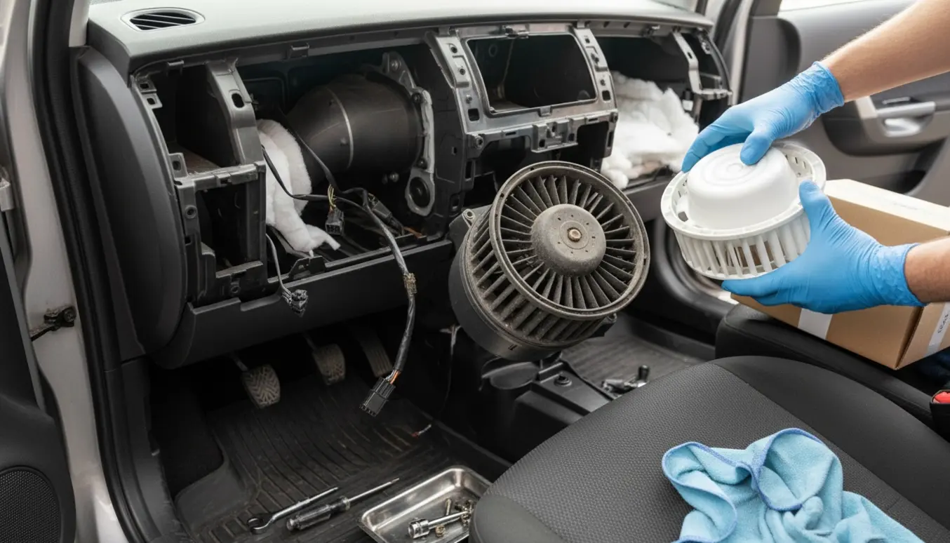 Hands‑on billede af udskiftning af en brændt kabineblæser under handskerummet i en bil, med nyt blæser og værktøj ved siden af.