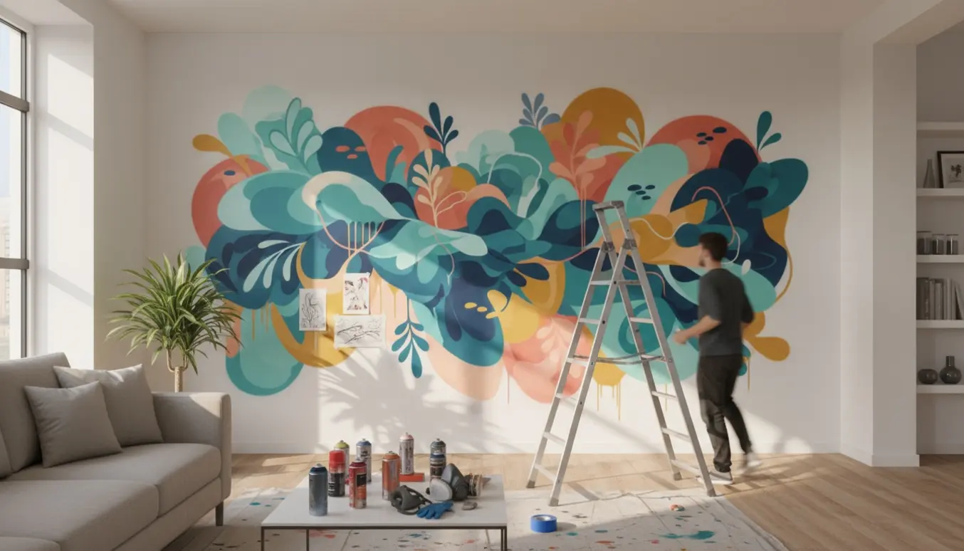 En moderne stue med en kunstner, der maler et farverigt non-typografisk graffiti-mural på en stor væg, omgivet af spraydåser og afdækningsplast.