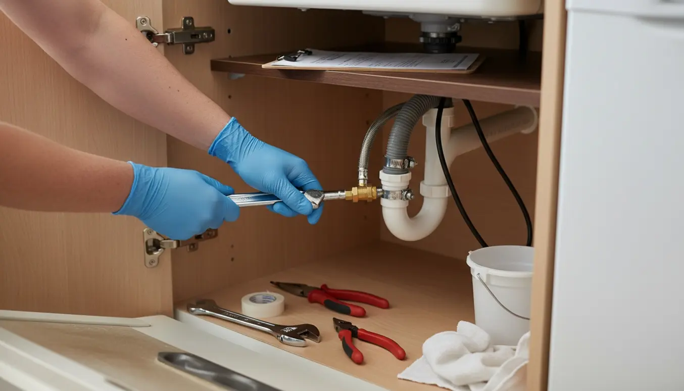 Nærbillede af en VVS’er, der forbinder opvaskemaskinens vand- og afløbsslanger under køkkenvasken.