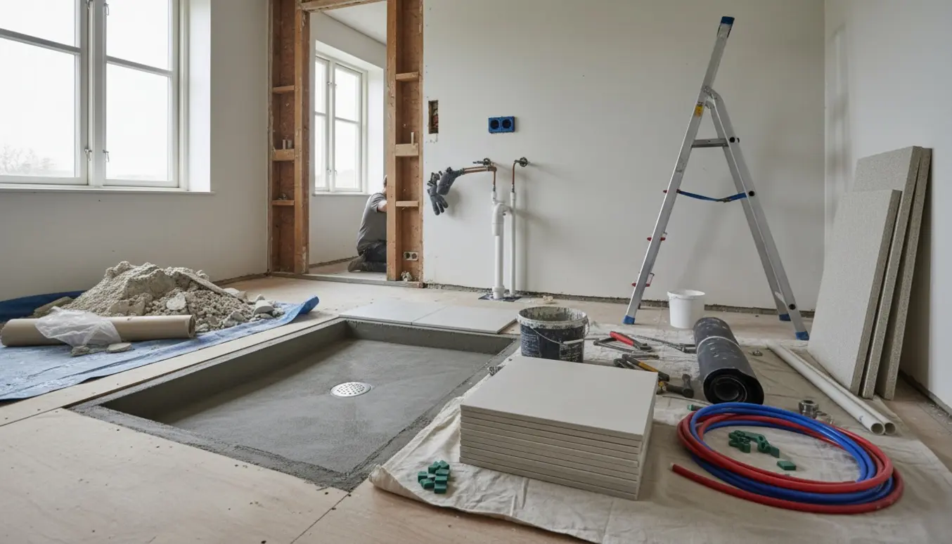 Badeværelse på 1. sal under renovering med revet væg, synligt VVS, nye fliser og Troldtekt-loftpaneler.