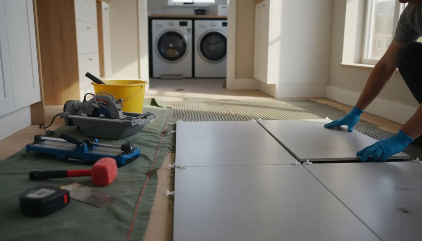 Delvist lagt klinkegulv i køkken og bryggers med fliser, værktøj og arbejdshandsker klar til montering.