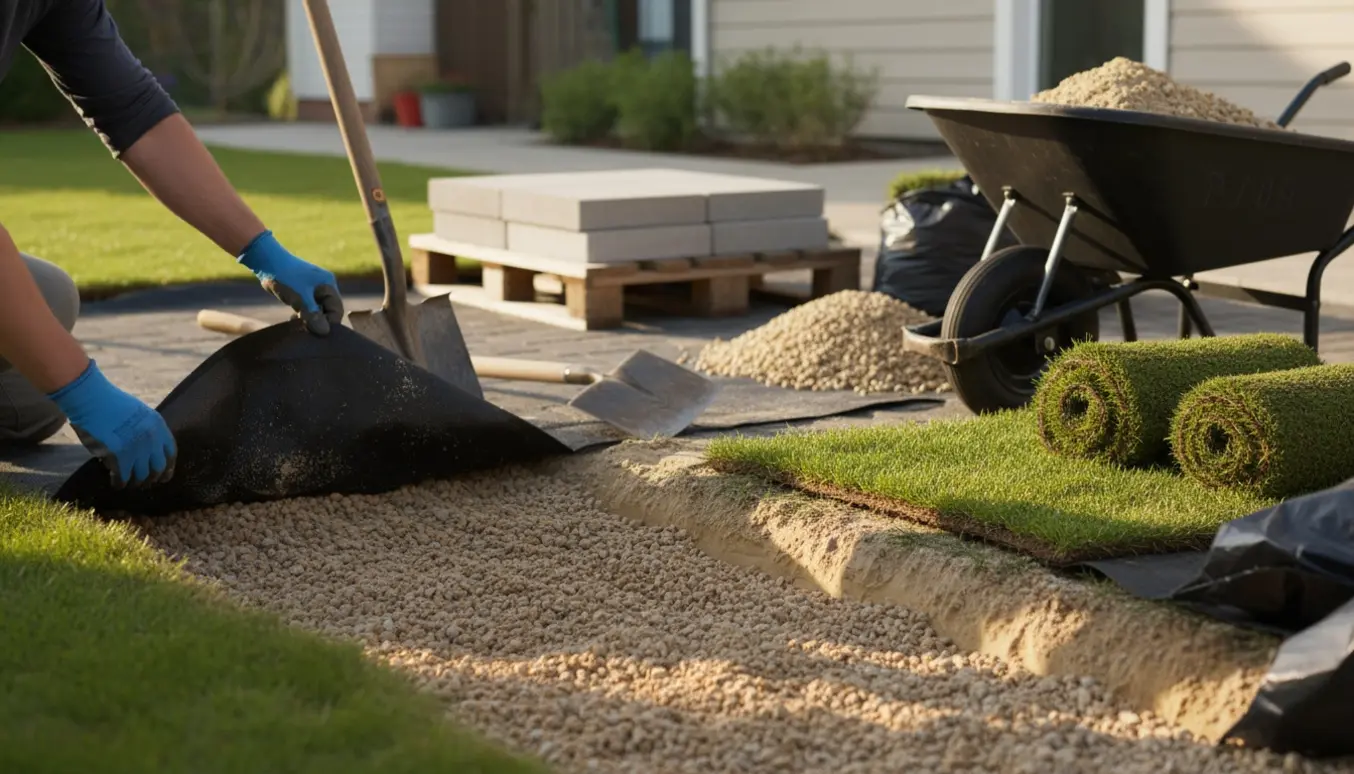 Havearbejde med udgravning af grus og sand og rullegræs klar til udlægning.