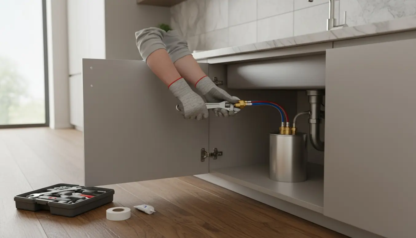 Installatør forbinder en Quooker ved vasken med åbent underskab og værktøj.