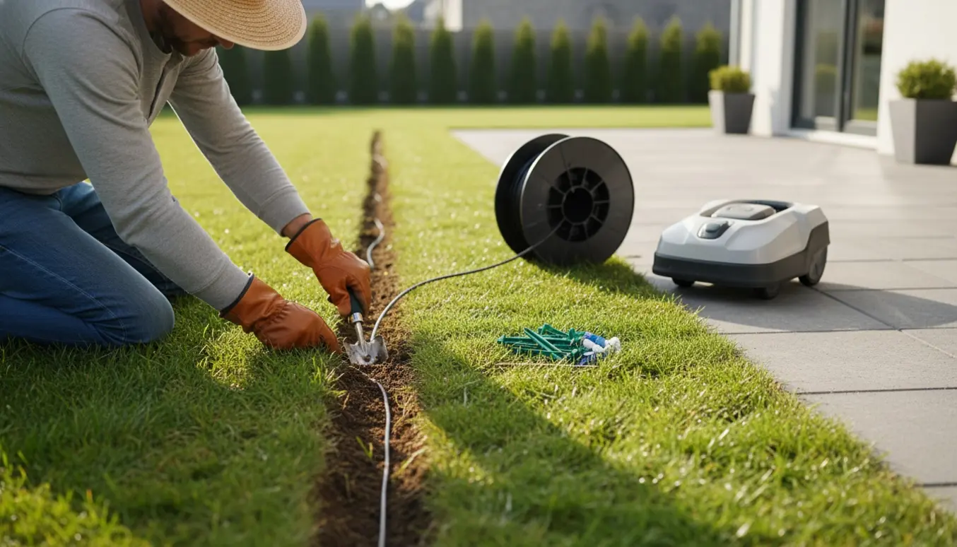 Nærbillede af en have, hvor installationskabel lægges i en lav rille for at gøre en robotplæneklipper klar.