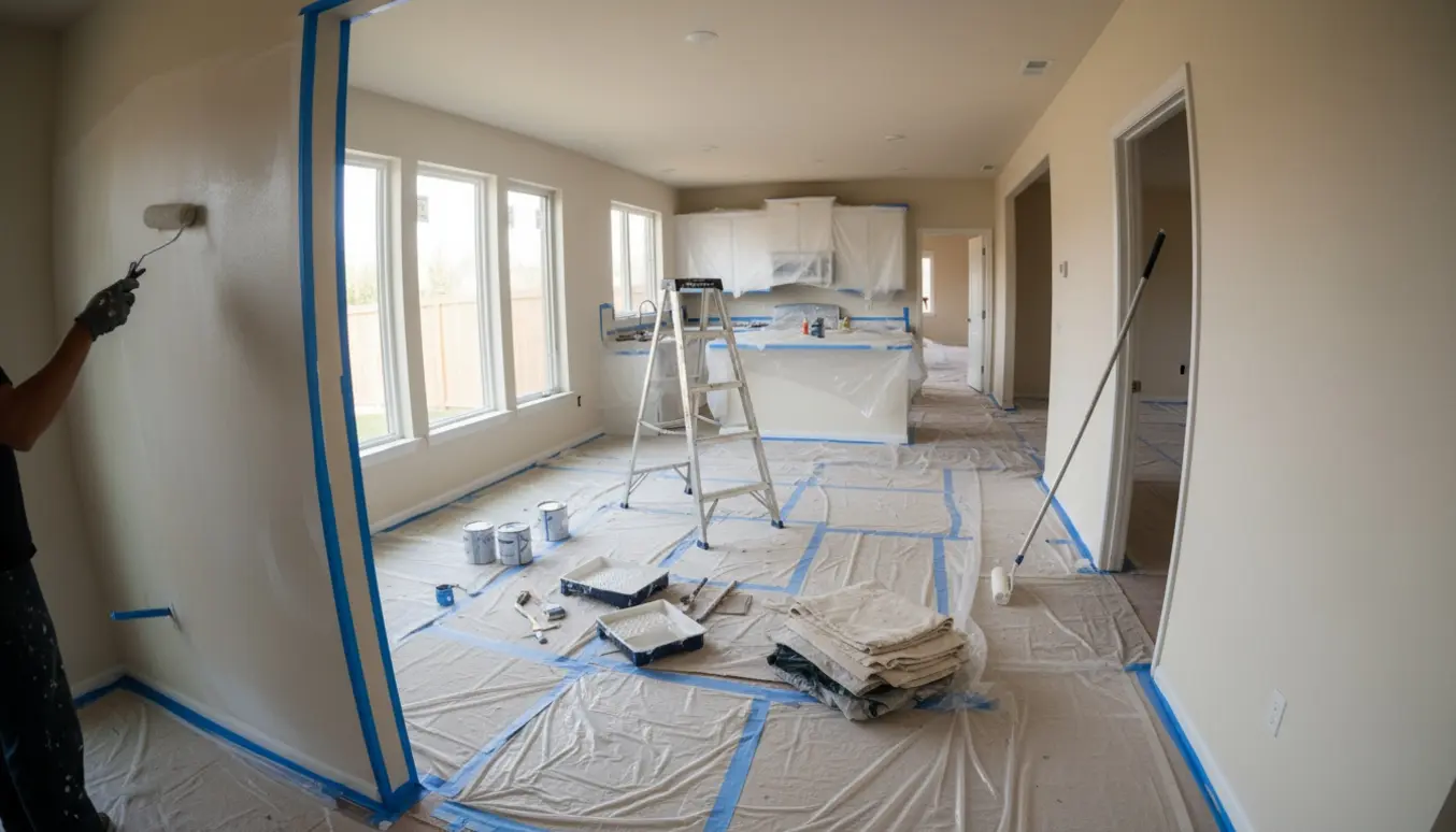 Indvendigt malerarbejde i et tomt hus med afdækkede gulve, plast over køkkenet og en maler i arbejde med rulle og pensel.