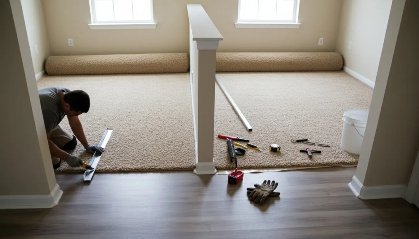 Håndværkere monterer væg‑til‑væg tæpper i to tilstødende rum og tilpasser tæppet rundt om en skillevæg.