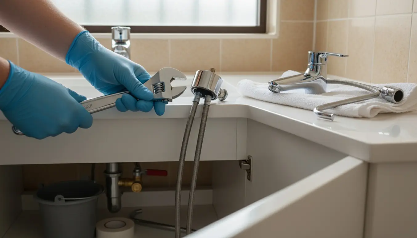 Hænder skifter et krom blandingsbatteri ved et badeværelsesvask med værktøj og lukket stopventil.