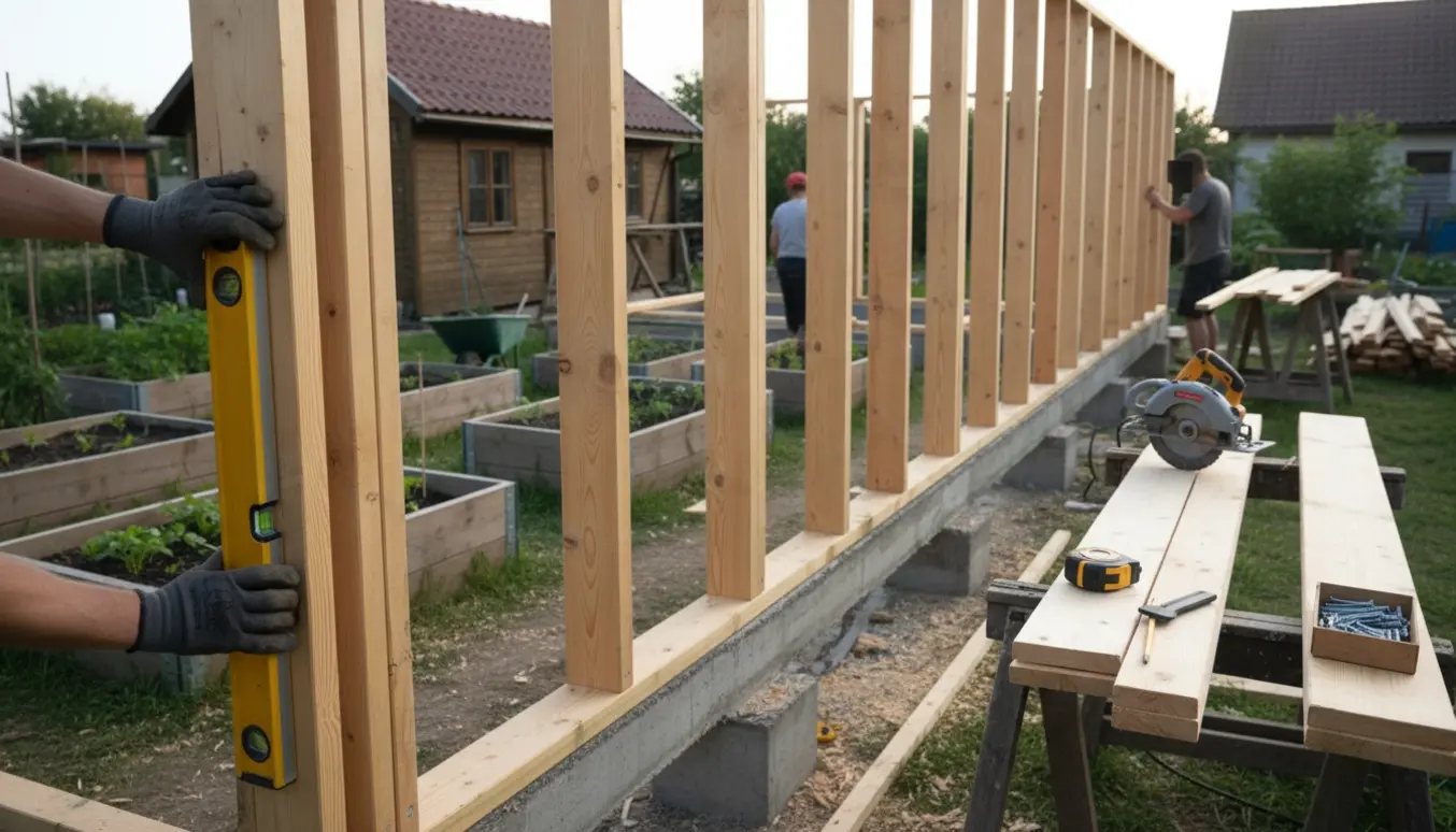 Trætilbygning til kolonihavehus under opførelse med synligt fundament, træramme og håndværktøj i forhaven.