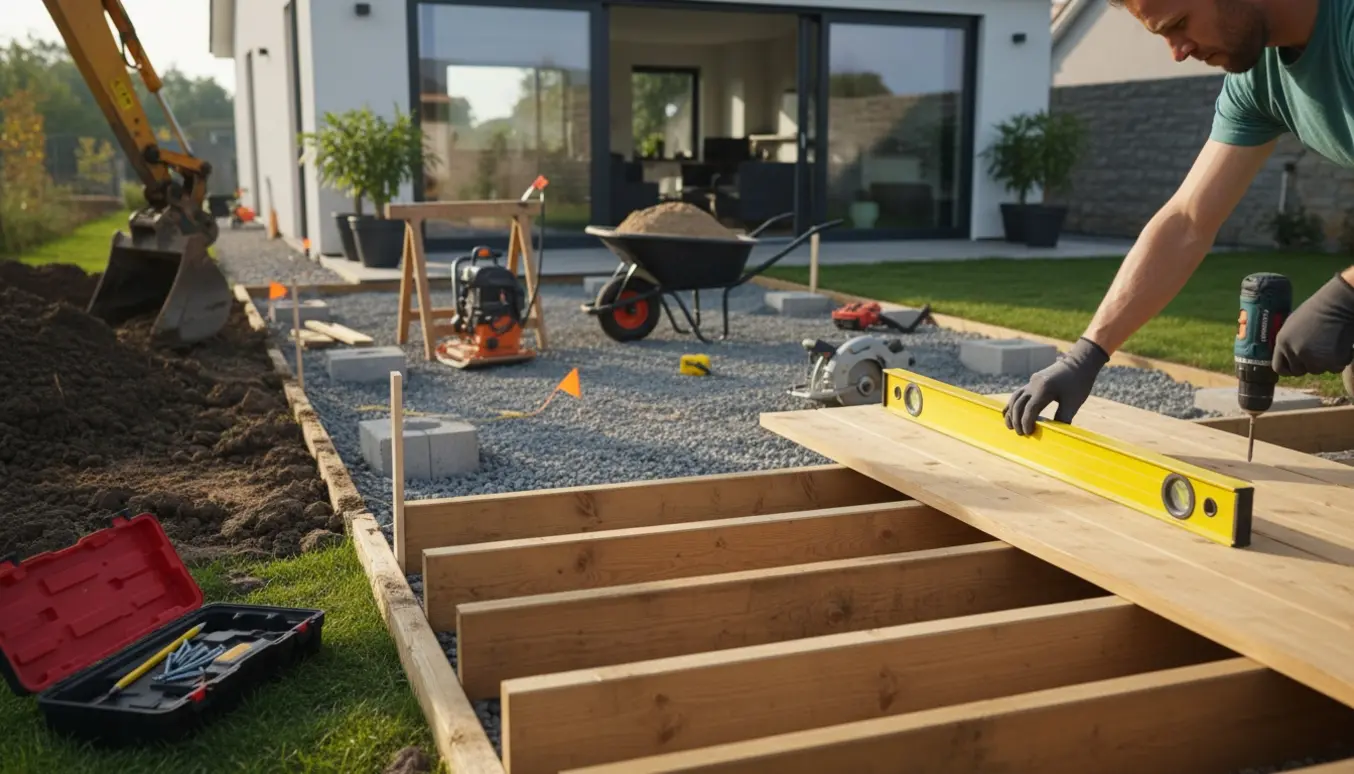 Udgravning og opbygning af en træterrasse i baghaven med træplanker, gravemaskine og værktøj.