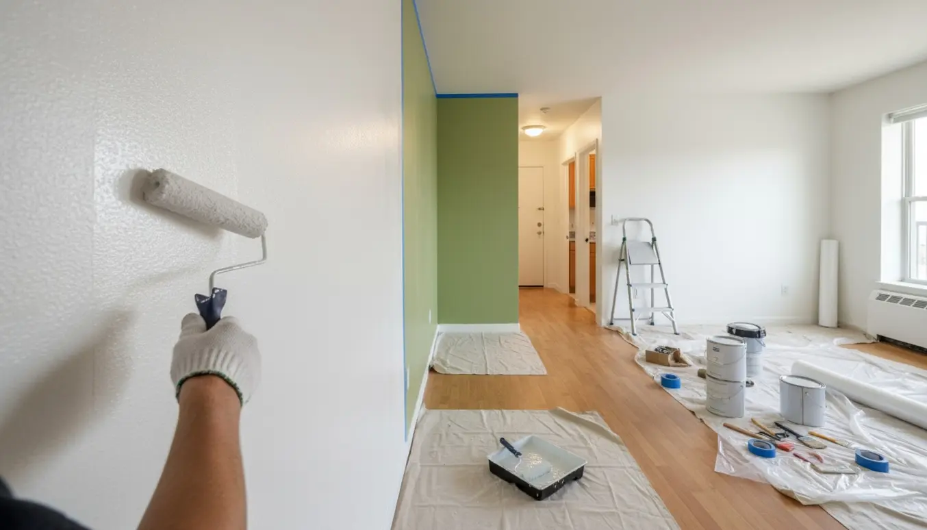 Tom, lyssfyldt lejlighed under maling med malerudstyr og hvide vægge, mens en grøn accentvæg bevares.